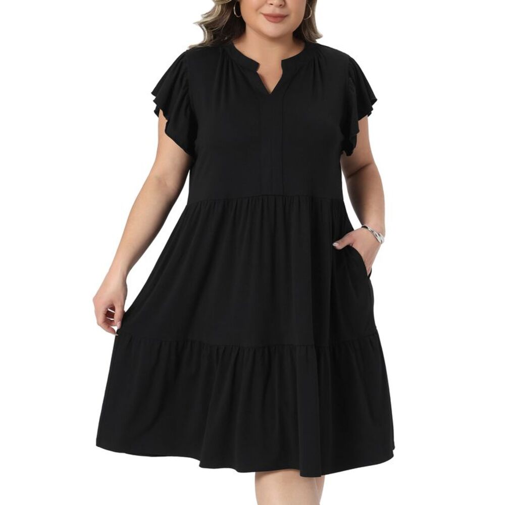 Women Plus Size Ruffle Sleeve V Neck Tiered Midi Dresses Black